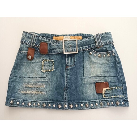 Y2K Denim Mini Buckle Belt Studs Patches Distressed Kiss Miss Denim Cult Sz L - Picture 1 of 9